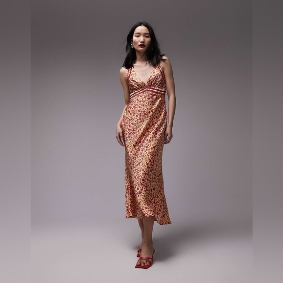 Topshop satin slip dress with lace insert in orange print B1411 - Picture 1 of 7